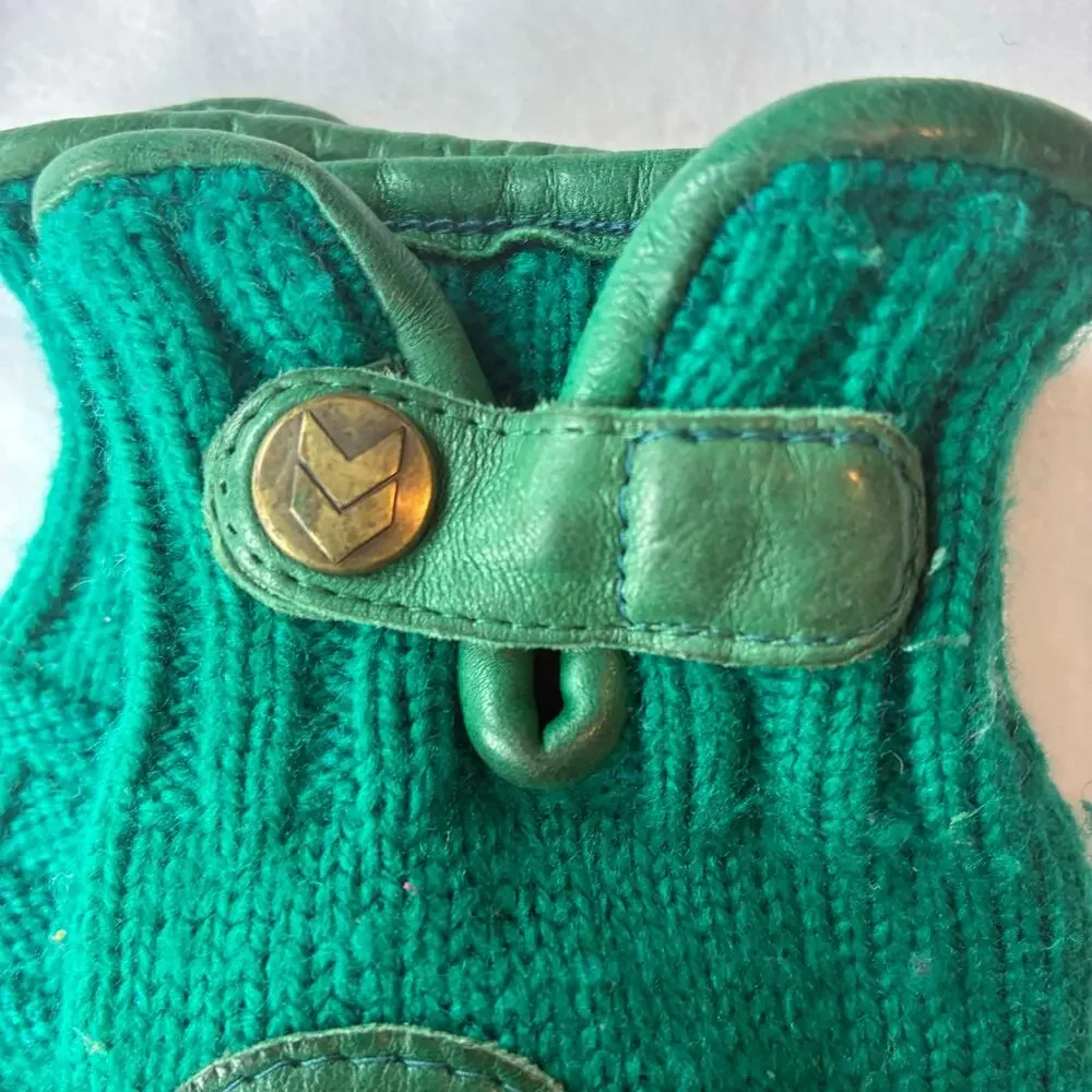 Vintage Forest Green Cable Lattice Knit Gloves Genuine Leather Trim Ladies OS